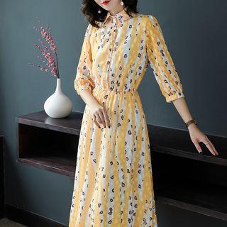 Elbow-sleeve Maxi Striped Chiffon Dress