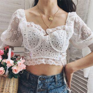 Eyelet Lace Short-sleeve Cropped Top