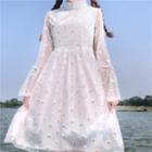 Long-sleeve Floral Embroidered Chiffon Dress
