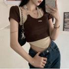 Short-sleeve Halter-neck Mock Two-piece Color Block T-shirt