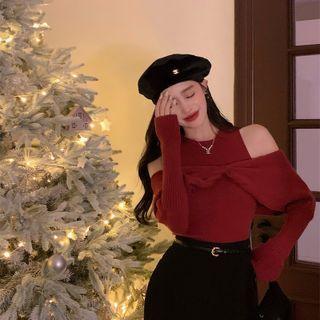 Mock Two-piece Off-shoulder Bow Knit Sweater