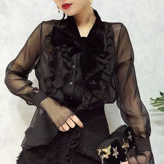Set: Frill Trim Sheer Blouse + Tweed A-line Skirt