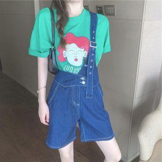Set: Short-sleeve Print T-shirt + Denim Jumper Shorts