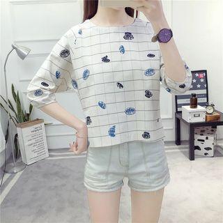 Printed Window Pane 3/4 Sleeve Top