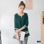 Striped Notched-neck 3/4 Sleeve Top