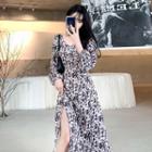 Long-sleeve Print Slit Midi A-line Dress