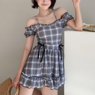 Short Sleeve Off-shoulder Plaid Ruffled Swimdress