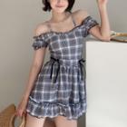 Short Sleeve Off-shoulder Plaid Ruffled Swimdress