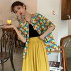 Flower Print Elbow-sleeve Shirt / High Waist Midi A-line Skirt