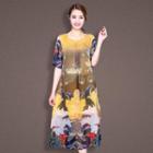 Printed Short Sleeve Midi Silk Dress