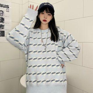 Drop Shoulder Print Sweater Light Blue - One Size