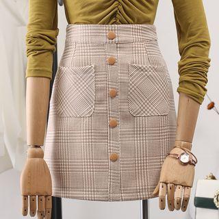 Plaid Button A-line Skirt