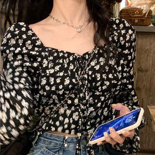 Floral Cropped Blouse White Floral - Black - One Size