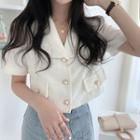 Faux Pearl Button Short-sleeve Cropped Blazer As Shown In Figure - One Size