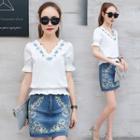 Set: Embroidered V-neck Short-sleeve Top + Denim Skirt
