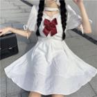 Short-sleeve Bow Accent A-line Dress With Bow - White - One Size