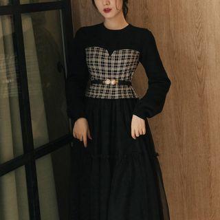 Long-sleeve Plaid Panel Mesh Overlay Midi A-line Dress