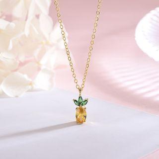 925 Sterling Silver Pineapple Pendant Necklace Ns229 - White & Green Pineapple - Gold - One Size