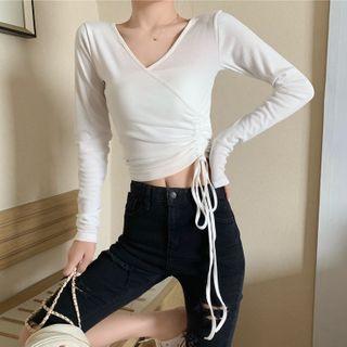 Drawstring V-neck Plain Top