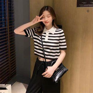 Short-sleeve Striped Knit Polo Shirt / Wide-leg Pants
