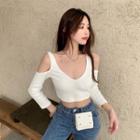 Cold-shoulder Cropped Knit Top White - One Size