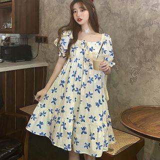 Floral Print Open-back Puff-sleeve A-line Dress