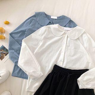 Plain Single-breasted Peter-pan Collar Long-sleeve Blouse