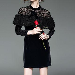 Lace Yoke A-line Velvet Dress