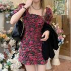 Square-neck Puff-sleeve Floral A-line Dress