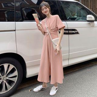 Front Slit Short-sleeve Midi A-line Dress As Shown In Figure - One Size