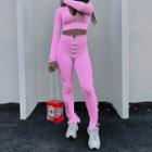 Set: Long-sleeve V-neck Zip Crop Top + Bootcut Pants