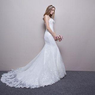 Strapless Lace Long Train Wedding Dress