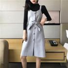 Long-sleeve Mock Neck Knit Top / Sleeveless Button-front Dress