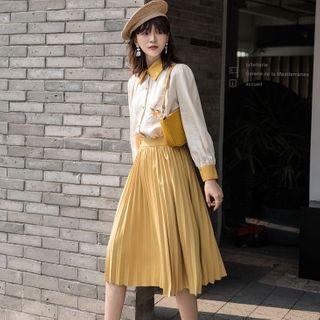 Color Block Shirt / Midi Pleated Skirt