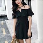 Pinstriped Cold-shoulder Playsuit
