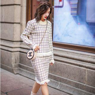 Set: Tweed Long-sleeve Top + Pencil Skirt Beige - One Size