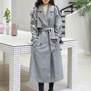 Long Double-breasted Herringbone Trench Coat