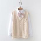 Set: Letter Embroidered Cable-knit Sweater Vest + Shirt