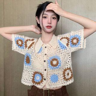 Short-sleeve Collar Embroidered Button-up Knit Crop Top