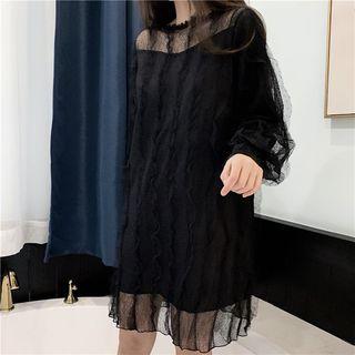 Long-sleeve Crinkled Mini Mesh Dress