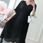 Plain V-neck Flared-sleeve Chiffon Dress