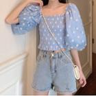 Floral Puff-sleeve Smocked Cropped Blouse Blue - One Size
