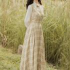 Puff-sleeve Floral Embroidered Plaid A-line Dress