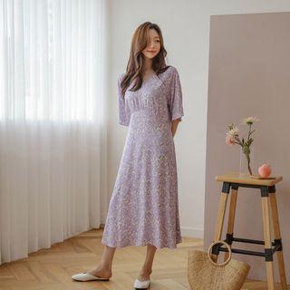 Shirred Tie-waist Long Floral Dress
