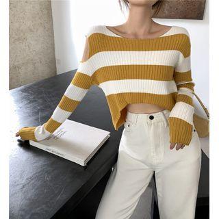 Striped Cutout Long-sleeve Cropped Knit Top