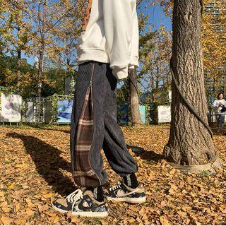 Gingham Panel Zip Detail Corduroy Pants