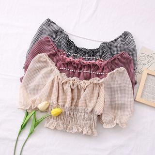 Chain-accent Checker Smocked Crop Top