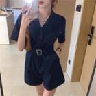 Plain Belt Wide-leg Cargo Jumpsuit Dark Blue - One Size