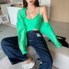 Set: Ruched Crop Camisole Top + Long Sleeve See-through Textured Shirt