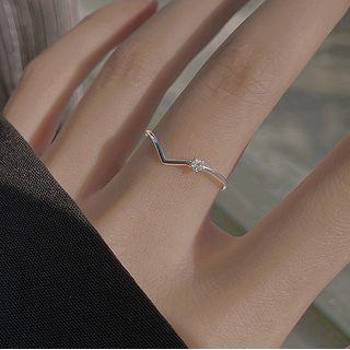 Rhinestone V Shape Sterling Silver Open Ring